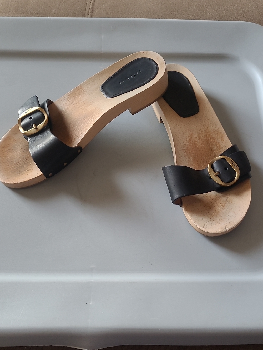 Doen Open Toe Mercata Black Leather Buckle Clog Sandals Size 38